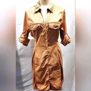 G by Guess Tan Buttoned Midi Dress with Notched Collar
